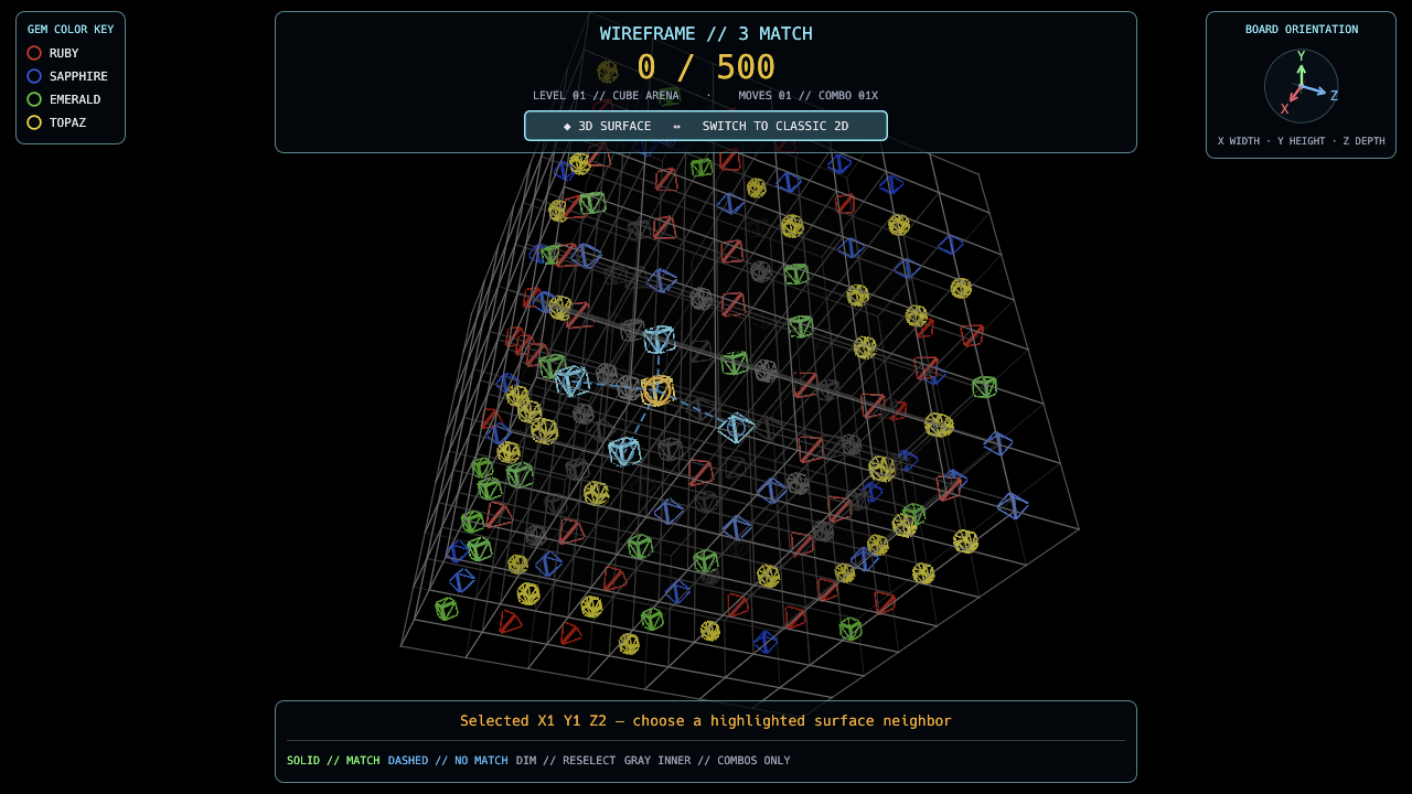 Colored gems on the outside of a 3D wireframe match-three cube