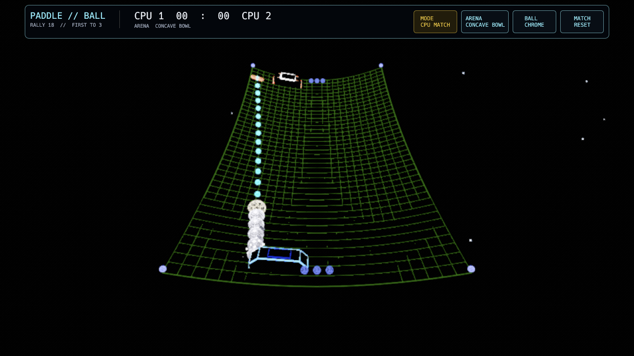 3D Wireframe Paddle Ball match in the curved Concave Bowl arena