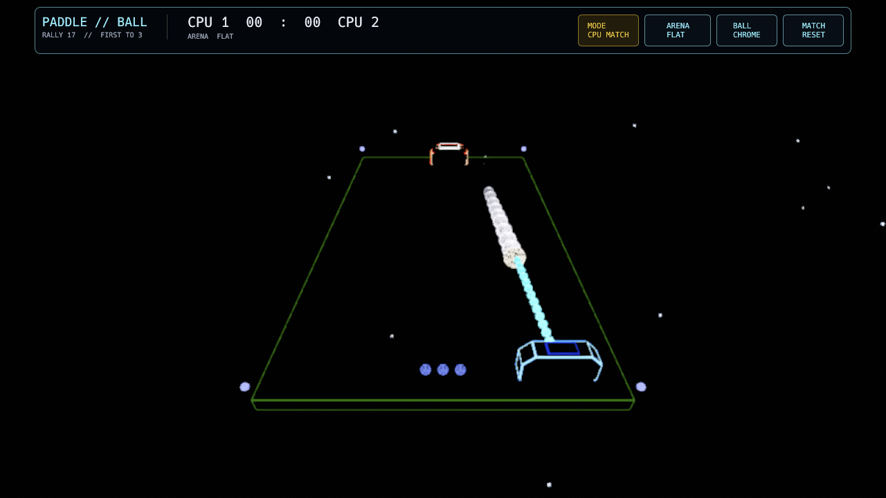 Flat arena with two paddles, ball, trajectory markers, and neon wireframe grid