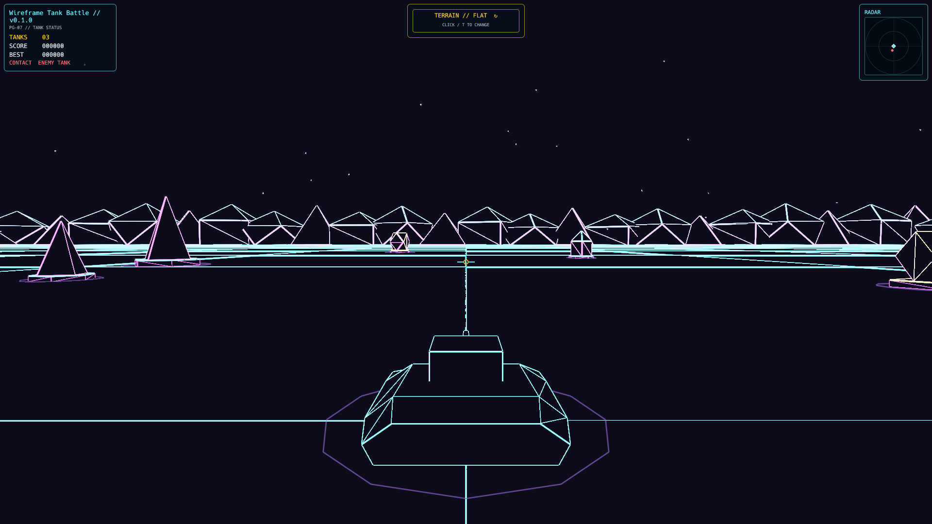 A cyan wireframe tank viewed from behind on the Flat battlefield